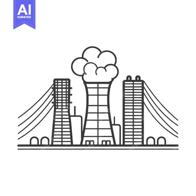 Aset premium populer: A vector line illustration depicting an industrial plant and its emiss