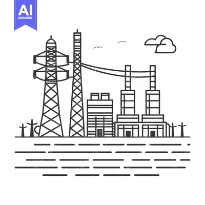Aset premium populer: An industrial plant with power towers and overhead power lines