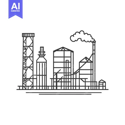 Aset desain premium: Outline illustration depicting an industrial complex with various stru