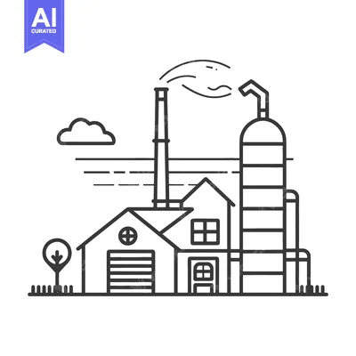 Aset desain premium: An industrial building with a factory and smoke emission above it