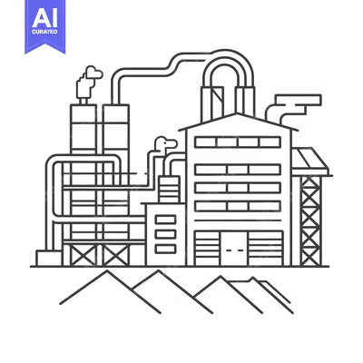 Premium design asset: A black and white industrial factory illustration depicts mountains be