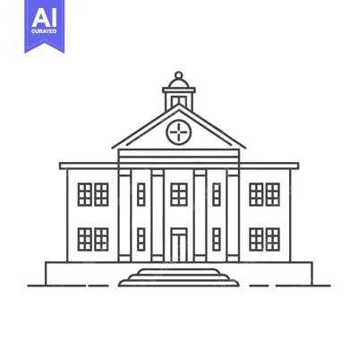 Simple black and white outline illustration depicting a grand building