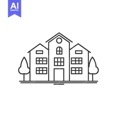 Premium design asset: Linear illustration of a building complex with trees beside it