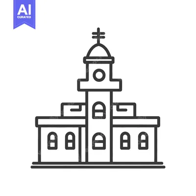 A black line drawing of a building with a steeple