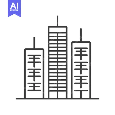 Three tall buildings are shown in a simple linear graphic style