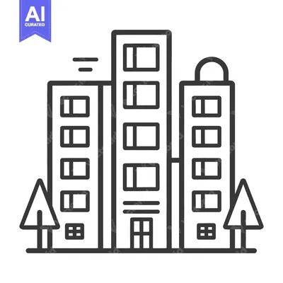 Black and white illustration of urban buildings and foliage