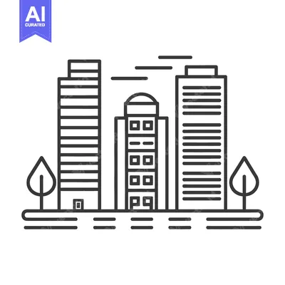 Aset premium populer: A simplified black and white illustration of city buildings and trees