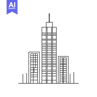 Premium design asset: Simple black and white line drawing of three buildings