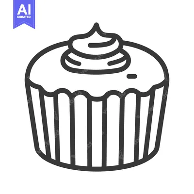 A simple line drawing of a frosted baked cupcake
