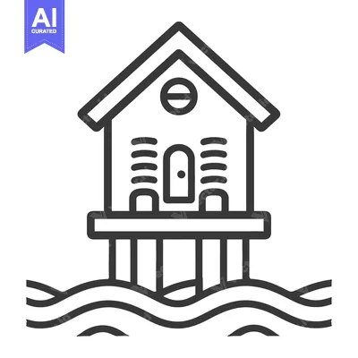 Aset desain premium: A small coastal house built on stilts above the water