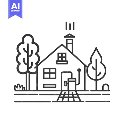 Aset desain premium: Simple black and white house illustration with trees in the yard