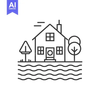 Aset premium populer: A house experiencing flooding with surrounding trees and warning sign