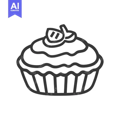 A simple outline drawing depicts a delicious frosted cupcake dessert