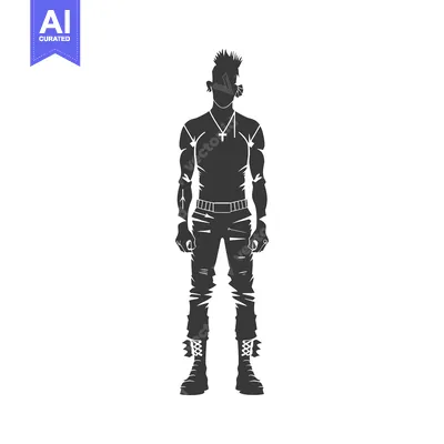 Aset premium populer: Silhouette of a Man with Spiky Hair, Ripped Jeans, and Boots