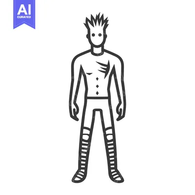 Popular premium asset: Line drawing of a person with spiky hair, a ripped shirt and striped p