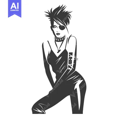 Aset premium populer: Black and White Illustration of a Woman with Spiky Hair and an Eyepatc