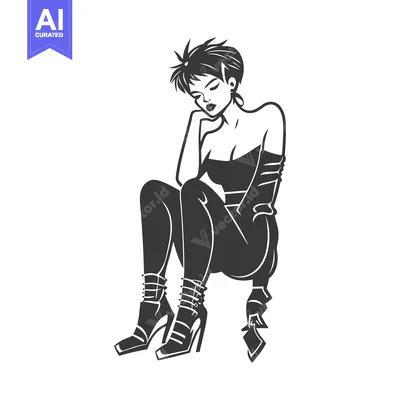 Aset desain premium: Black and White Illustration of a Woman Sitting with Short Hair