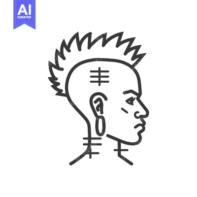 Aset desain premium: Line Art Portrait of a Person with a Spiky Hairstyle and Facial Tattoo