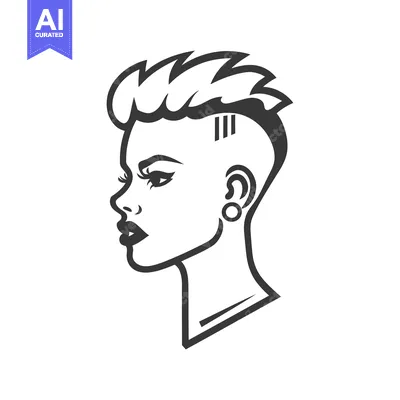 Aset desain premium: Black and White Line Art Portrait of a Woman with Short, Spiky Hair an