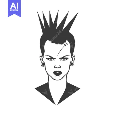 Aset premium populer: A monochrome portrait of a punk woman with a spiky mohawk and piercing