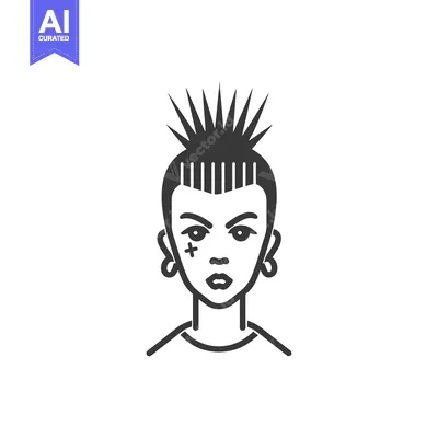 Aset desain premium: Black and White Line Art Illustration of a Punk Girl