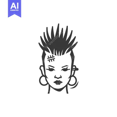 Aset desain premium: Black and White Illustration of a Woman with Spiky Hair, Earrings, and