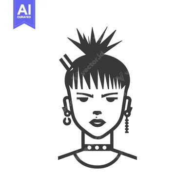 Aset desain premium: Black and White Illustration of a Punk Rock Woman