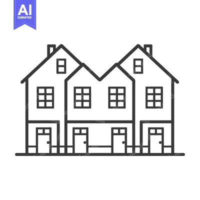 Three connected houses are depicted in a simple linear black design