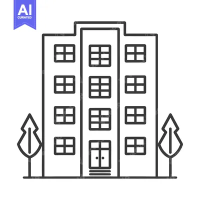 Aset desain premium: A simple black and white illustration of a tall building and trees