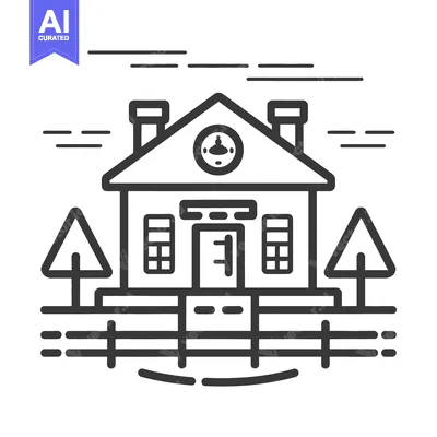 Aset desain premium: A black and white line drawing of a house and fence