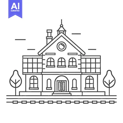 Aset desain premium: A linear illustration depicting a building with railway tracks and tre