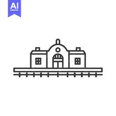 A simplified black and white illustration of a railway station buildin