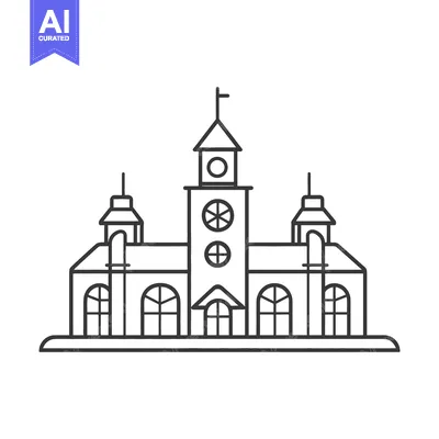 Black line drawing depicts a grand building with a clock tower