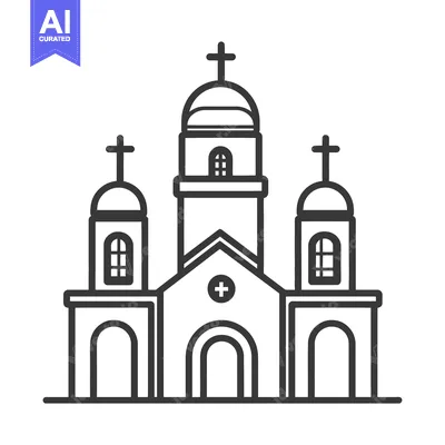 A detailed black and white linear illustration of a church building