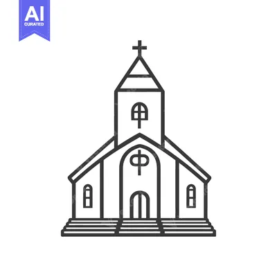 A simple black and white line drawing of a church building