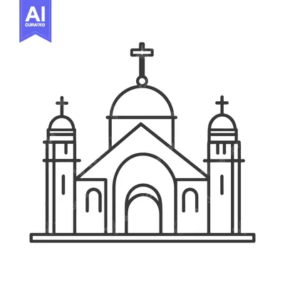 A symmetrical black and white outline of a church building