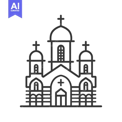Aset desain premium: Architectural line art of a church building with crosses and domes