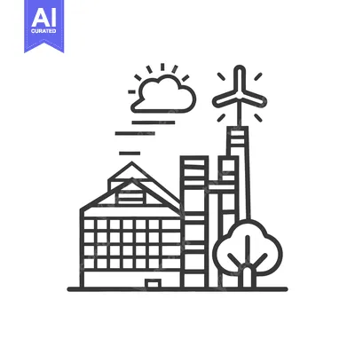 Aset desain premium: An illustrated industrial scene with environmental and natural element