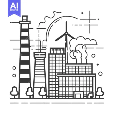 Black and white illustration depicts an industrial energy landscape sc