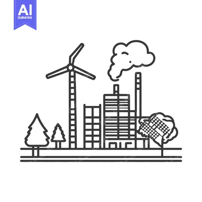 Aset premium populer: A graphic shows an industrial area with wind turbine and trees