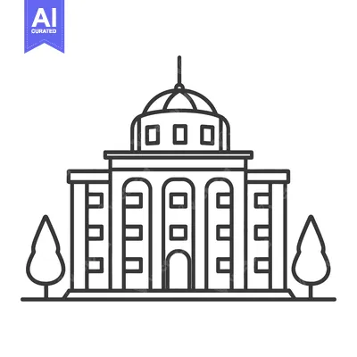 Aset desain premium: A simple outlined illustration of a building with trees