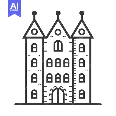 A black and white illustration depicts a medieval castle building desi