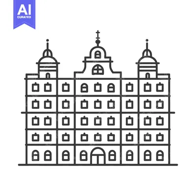 Aset desain premium: A symmetrical line drawing depicting an ornate building facade