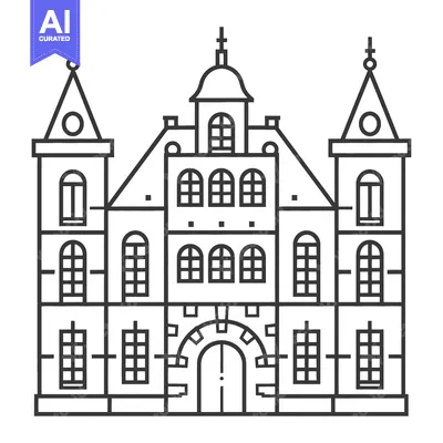 Aset desain premium: A symmetrical architectural illustration of a large building facade