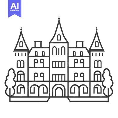 Aset premium populer: An elegant illustration of a detailed castle building in black lines