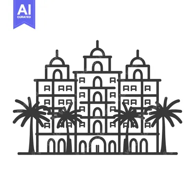 Premium design asset: Detailed black and white illustration of a resort building with palm t