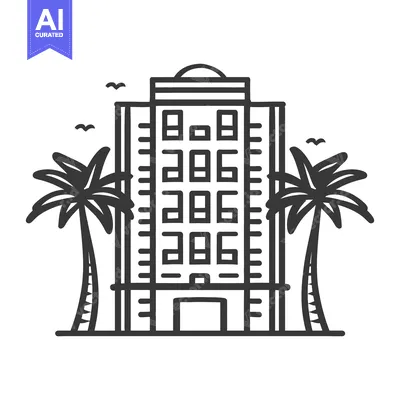 A tall building design with palm trees and flying birds present