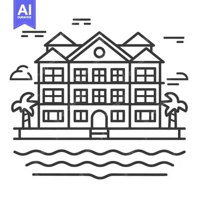 Premium design asset: Black and white illustration of a beachside apartment building