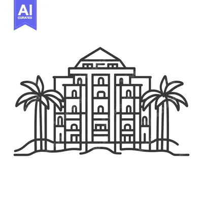 Aset desain premium: Detailed black and white depiction of a tropical seaside hotel