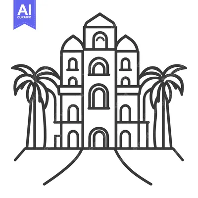 Aset desain premium: A stylized depiction of an ornate building and palm trees